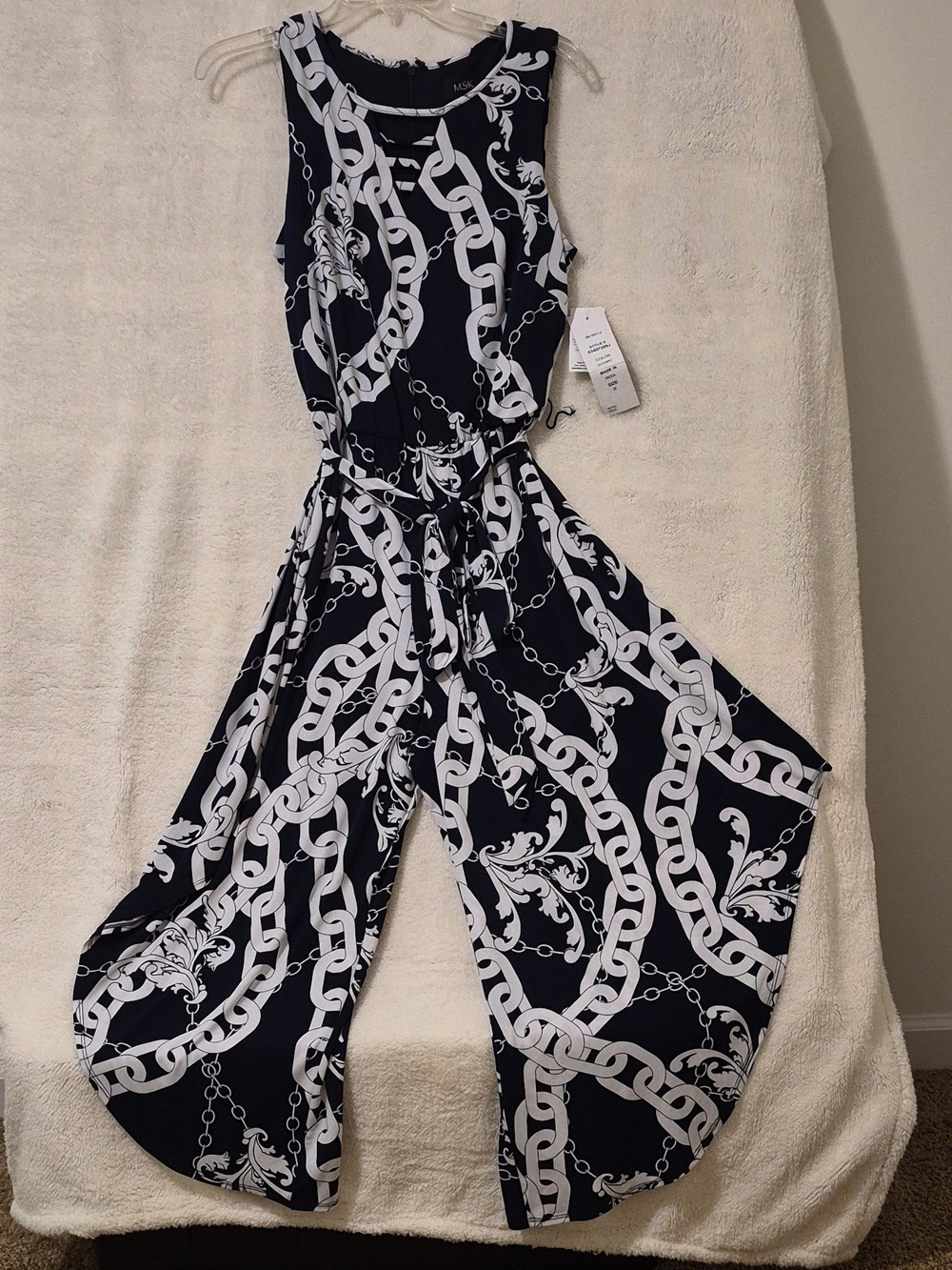 MSK Women's Navy & White Chain-Print Sleeveless Jumpsuit Size M